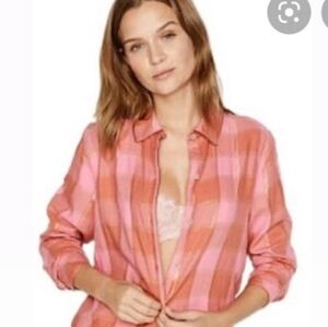 Victoria's secret pink plaid flannel cotton blend pajama top shirt size large @k